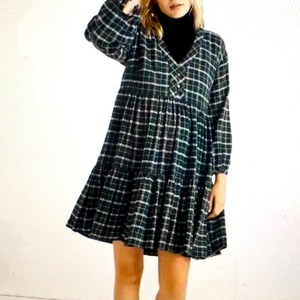 Madewell Green Flannel Plaid Colette Mini-Dress